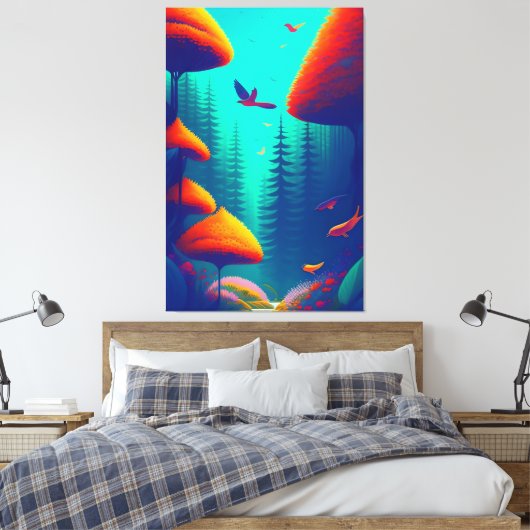 Farbenfrohe Vögel, die über den Wald fliegen Leinwanddruck (Insitu (Schlafzimmer))