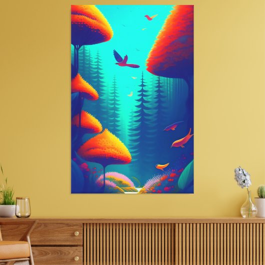 Farbenfrohe Vögel, die über den Wald fliegen Leinwanddruck (Insitu (Wohnzimmer))