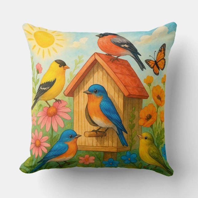 Farbenfrohe Vögel, die um ein Vogelhaus herumreich Kissen (Vorderseite)