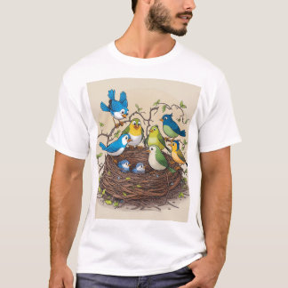 Farbenfrohe Vögel Familiennest Kunst drucken T-Shirt