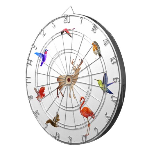 Farbenfrohe Vögel, Hirsche und Eichhörnchen auf We Dartscheibe (Vorderseite rechts)