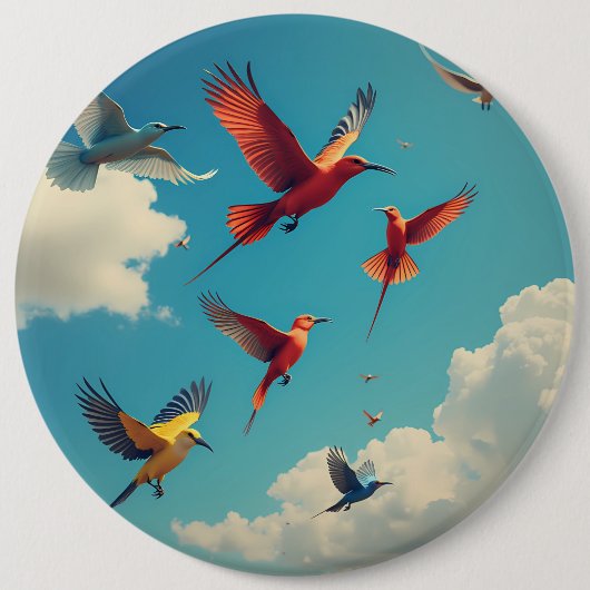 Farbenfrohe Vögel im blauen Himmel Button (Vorderseite)