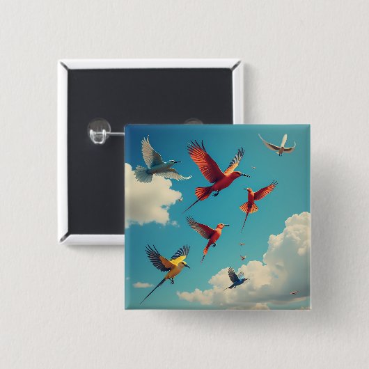 Farbenfrohe Vögel im blauen Himmel Button (Vorne & Hinten)