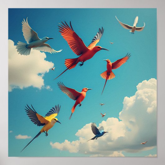 Farbenfrohe Vögel im blauen Himmel Poster (Vorne)