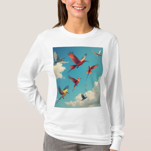 Farbenfrohe Vögel im blauen Himmel T-Shirt (Vorderseite)