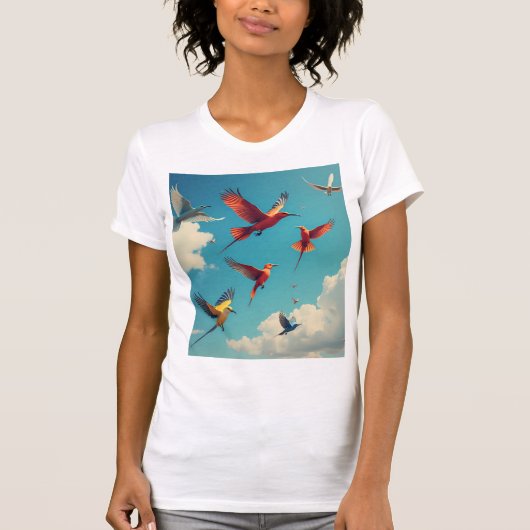 Farbenfrohe Vögel im blauen Himmel T-Shirt (Vorderseite)