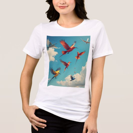 Farbenfrohe Vögel im blauen Himmel Tri-Blend Shirt (Vorderseite)