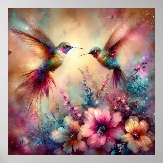 Farbenfrohe Vögel im Blumengarten Poster (Vorne)