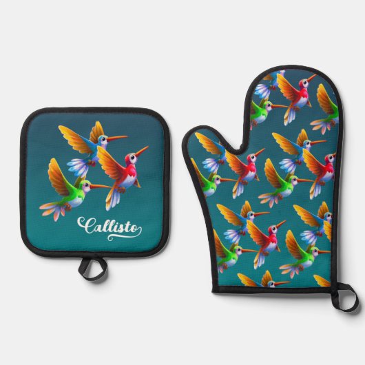 Farbenfrohe Vögel im Flug Ofenhandschuh & Topflappen-Set (Vorderseite)