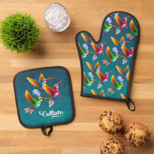 Farbenfrohe Vögel im Flug Ofenhandschuh & Topflappen-Set