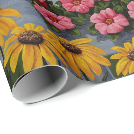 Farbenfrohe Vögel im Frühlingsblumengarten Geschenkpapier (Rolleneckpunkt)