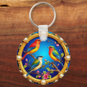 Farbenfrohe Vögel in Verziertem goldenen Rahmen Schlüsselanhänger (Rückseite)