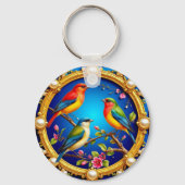 Farbenfrohe Vögel in Verziertem goldenen Rahmen Schlüsselanhänger (Rückseite)