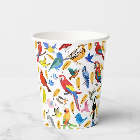 Farbenfrohe Vögel Pappbecher (Rückseite)
