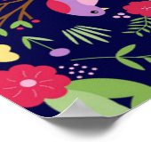 Farbenfrohe Vögel Schmetterlinge Blume Blauer Hint Poster (Ecke)