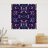 Farbenfrohe Vögel Schmetterlinge Blume Blauer Hint Poster (Küche)