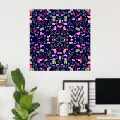 Farbenfrohe Vögel Schmetterlinge Blume Blauer Hint Poster (Heimbüro)