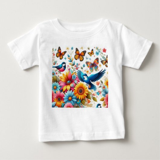 Farbenfrohe Vögel Schmetterlinge Blume Vorlage Nie Baby T-shirt (Vorderseite)