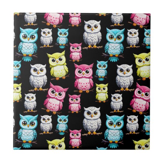 Farbenfrohe Vögel Schwarzes Hintergrundmuster Fliese (Vorderseite)