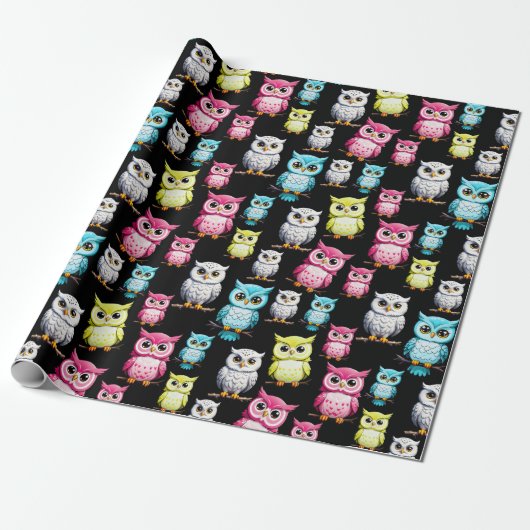 Farbenfrohe Vögel Schwarzes Hintergrundmuster Geschenkpapier (Ungerollt)