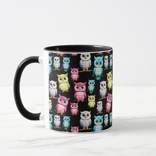 Farbenfrohe Vögel Schwarzes Hintergrundmuster Tasse (Links)