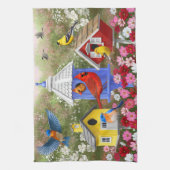 Farbenfrohe Vögel und Birthäuser Blumengarten Geschirrtuch (Vertikal)