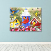 Farbenfrohe Vögel und Birthäuser Blumengarten Leinwanddruck (Insitu (Holzboden))