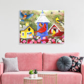 Farbenfrohe Vögel und Birthäuser Blumengarten Leinwanddruck (Insitu (Wohnzimmer))