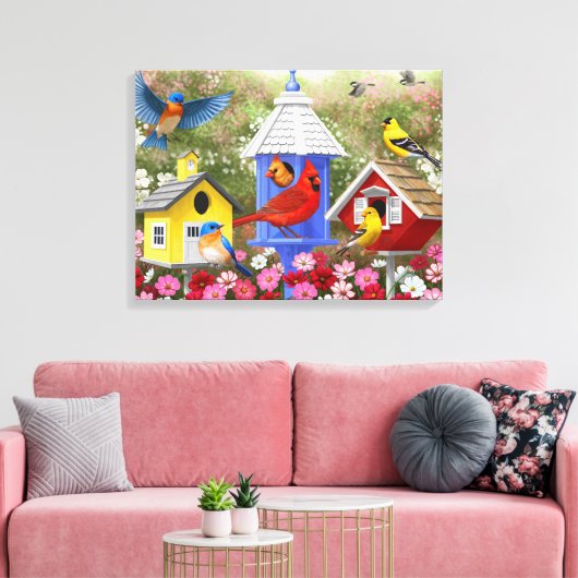 Farbenfrohe Vögel und Birthäuser Blumengarten Leinwanddruck (Insitu (Wohnzimmer))