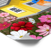 Farbenfrohe Vögel und Birthäuser Blumengarten Poster (Ecke)