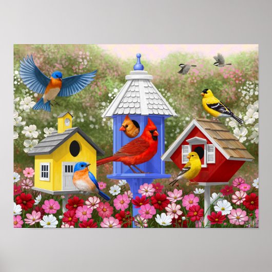Farbenfrohe Vögel und Birthäuser Blumengarten Poster (Vorne)