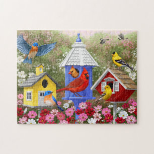 Farbenfrohe Vögel und Birthäuser Blumengarten Puzzle