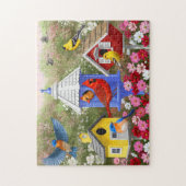 Farbenfrohe Vögel und Birthäuser Blumengarten Puzzle (Vertikal)