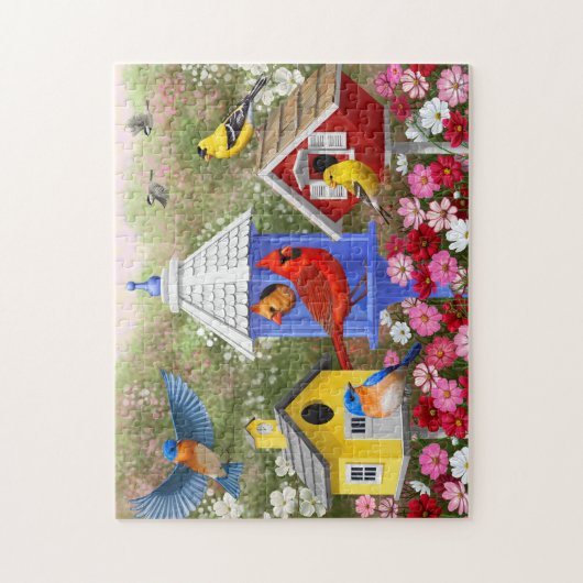 Farbenfrohe Vögel und Birthäuser Blumengarten Puzzle (Vertikal)