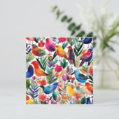 Farbenfrohe Vögel und Blume Einladung (Stehend Vorderseite)