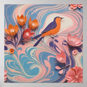 Farbenfrohe Vögel und Blumenmuster - Kunst auf Pap Poster