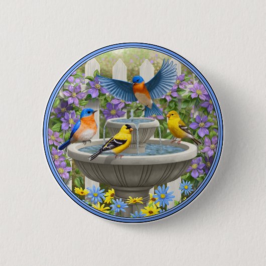 Farbenfrohe Vögel und Blütengarten für Vögel Button (Vorderseite)