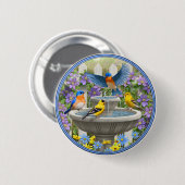 Farbenfrohe Vögel und Blütengarten für Vögel Button (Vorne & Hinten)