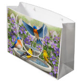 Farbenfrohe Vögel und Blütengarten für Vögel Große Geschenktüte (Rückseite Schrägansicht)
