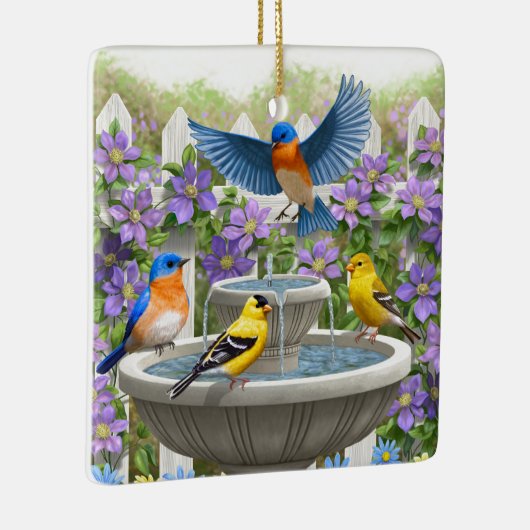 Farbenfrohe Vögel und Blütengarten für Vögel Keramikornament (Rechts)