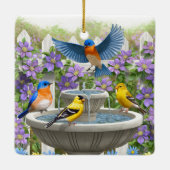 Farbenfrohe Vögel und Blütengarten für Vögel Keramikornament (Rückseite)