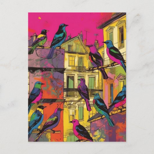 Farbenfrohe Vögel und Häuser Postkarte (Vorderseite)