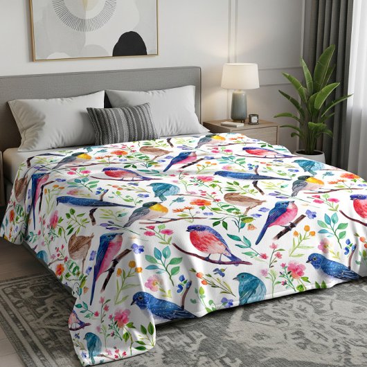 Farbenfrohe Vögel & verspielte Blumen Muster Fleecedecke
