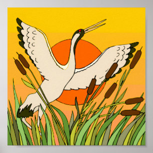 Farbenfrohe Vogelkunst mit Korbflecken und Sonnenu Poster