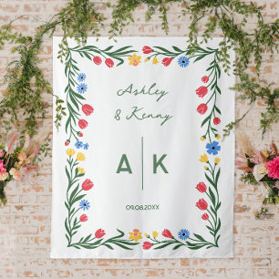 Farbenfrohe Volkskunst-Wildblumen-Monogramm-Hochze Wandteppich