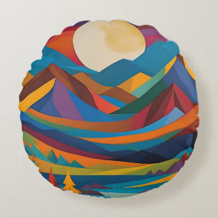 Farbenfrohe Vollmonde über Berge und See Rundes Kissen