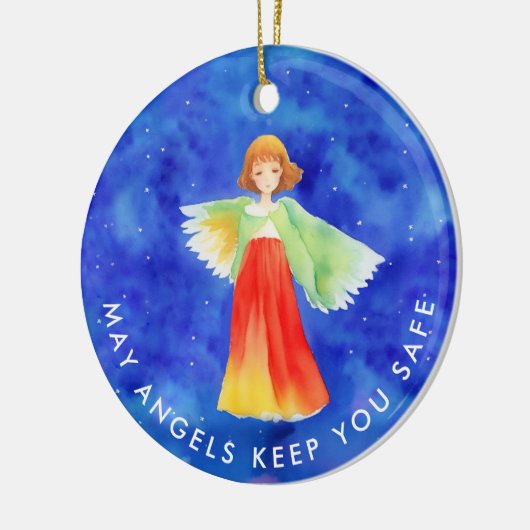 Farbenfrohe Wächter Engel Blessing Blau Wasserfarb Keramik Ornament (Links)