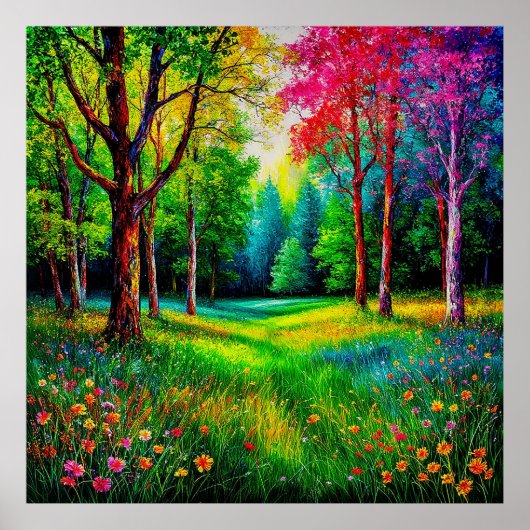 Farbenfrohe Waldlandschaft mit lebhaften Bäumen Poster (Vorne)