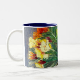 Farbenfrohe Wandblumen handbemalt in Ölpastellfarb Zweifarbige Tasse