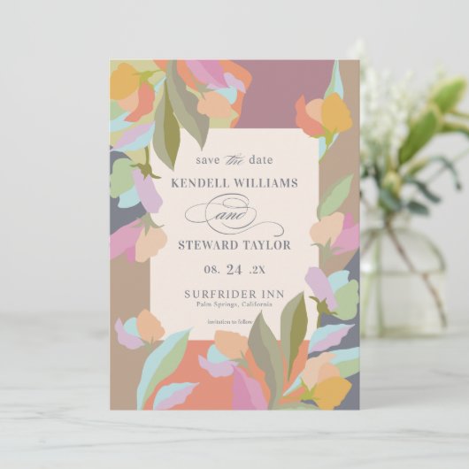 Farbenfrohe warme Flora Einladung (Stehend Vorderseite)